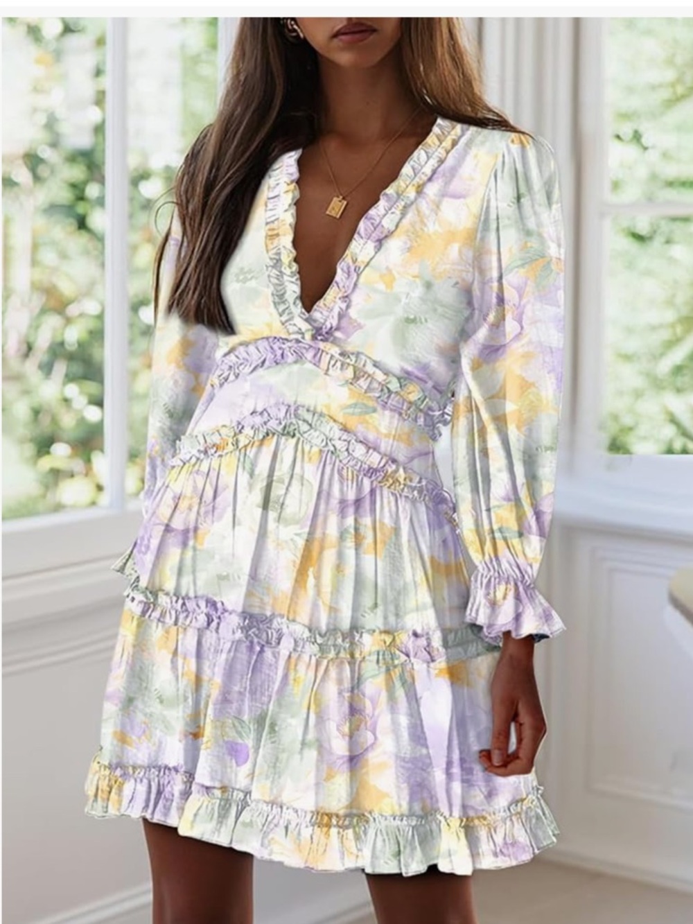 Deep V-Neck Long Sleeve Backless Mini Dress - Picture 5 of 6